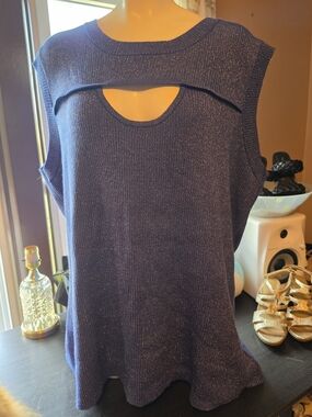 Ashley Stewart Sleeveless Navy Sparkle Knit Top with Front Keyhole
